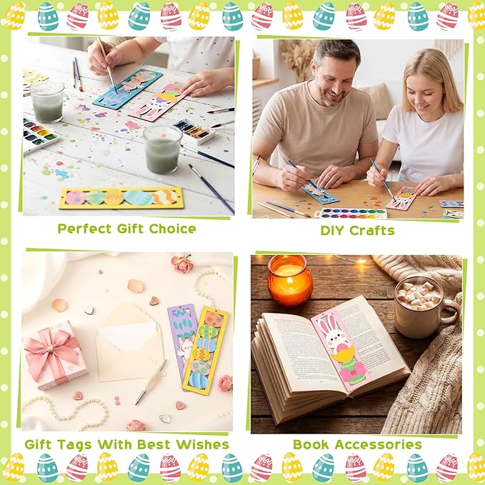 Yexiya 100 Pcs/50 Set Easter Wooden Bookmarks DIY Craft Kit, Bunny Egg Flower Bookmark Art Set for Book Lovers, Easter Birthday Party Holiday Gifts Art Project