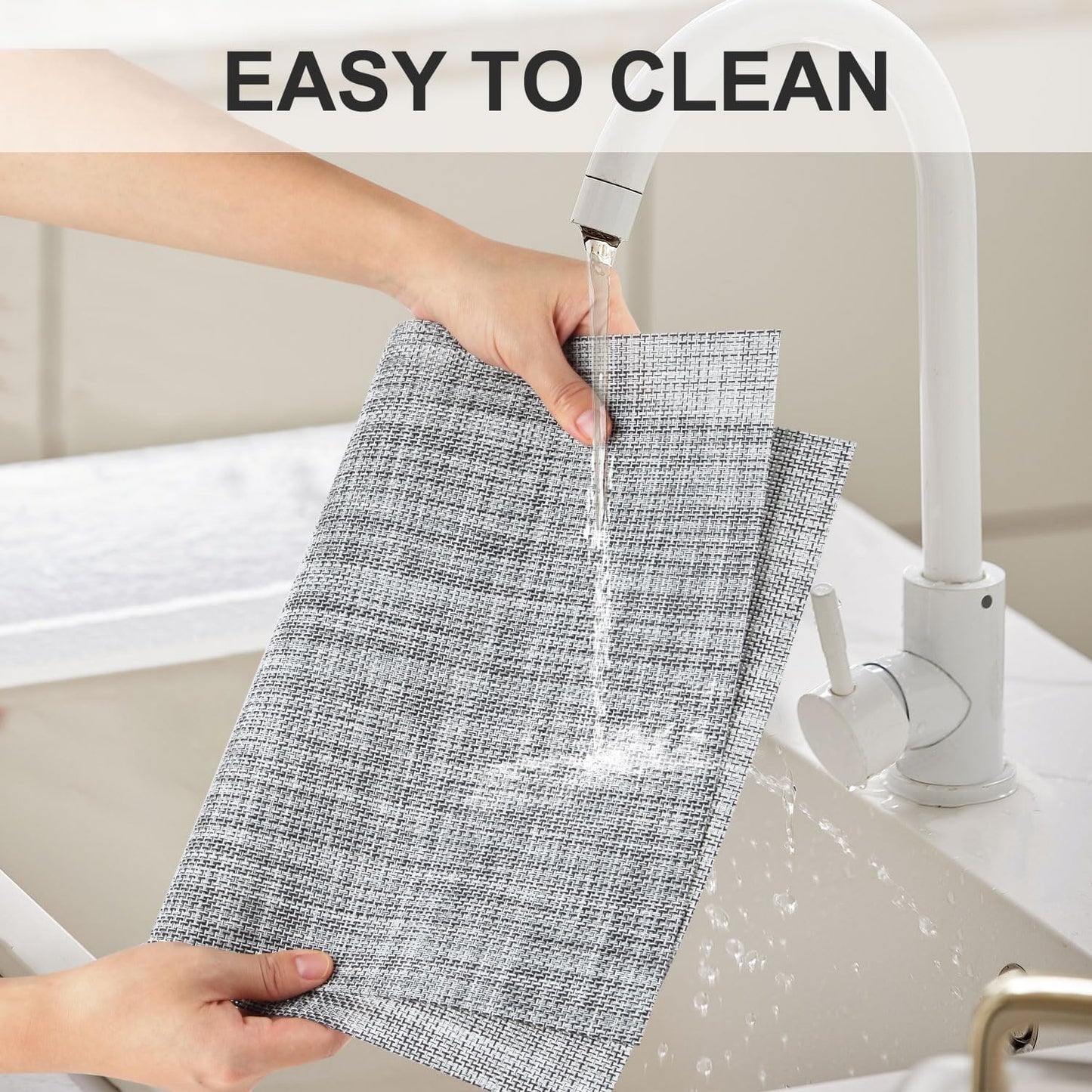 Vinyl Placemats Set of 4, PVC Woven Washable Non-Slip Table Mats, Heat Resistant Wrinkle Free Place Mats for Dining Table, Easy to Clean (4, Light Grey)