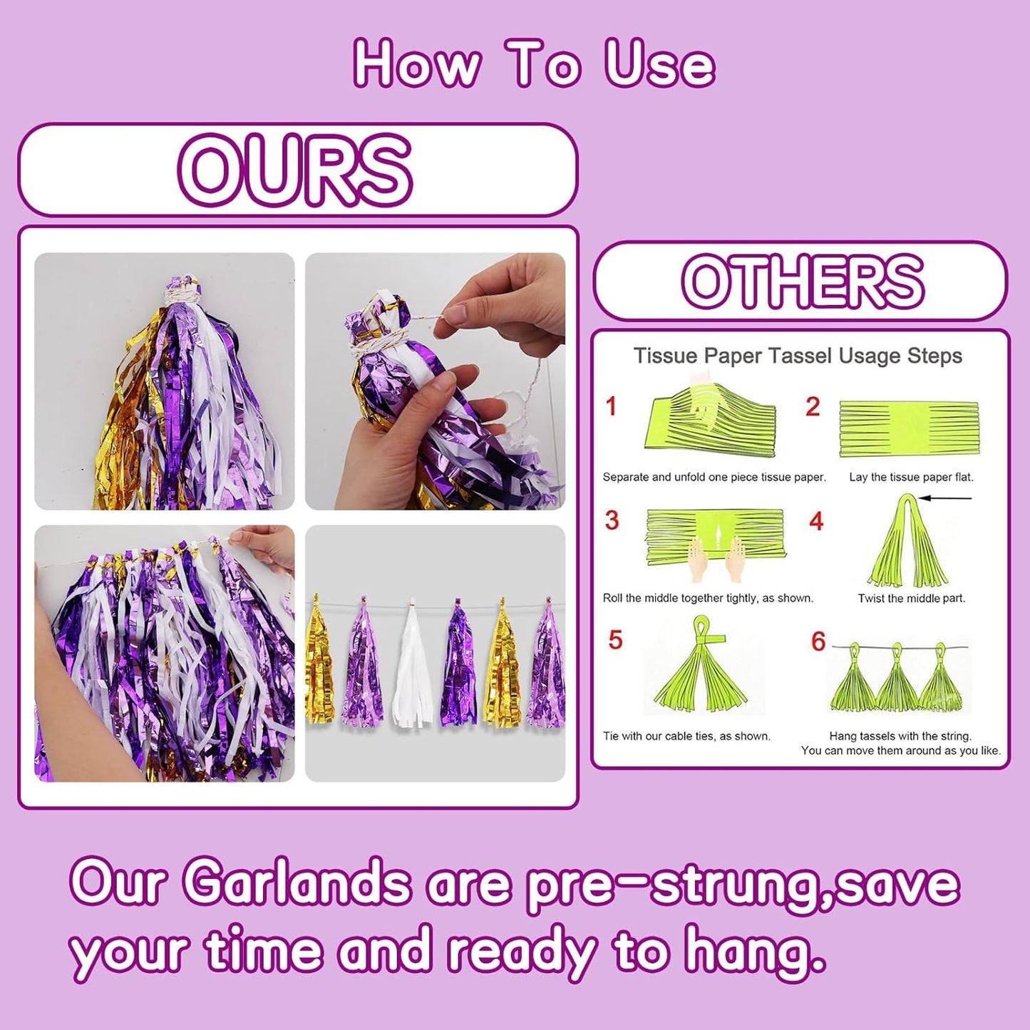 BEISHIDA 3 Packs Purple Gold White Metallic Foil Fringe Tassel Garland, Tassels Banner Streamers for Car Floats Bridal/Baby Shower Birthday Wedding Halloween Christmas Holiday Party Decoration
