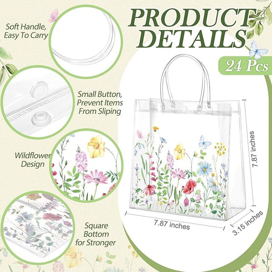 Kacctyen 24 Pcs Gift Bags for Party Favor Clear Goodie Bags with Handle 7.87 x 7.87 x 3.15 Return Gift Wrap Totes for Guests Treat Candy Wrapping(Colorful Wildflowers)