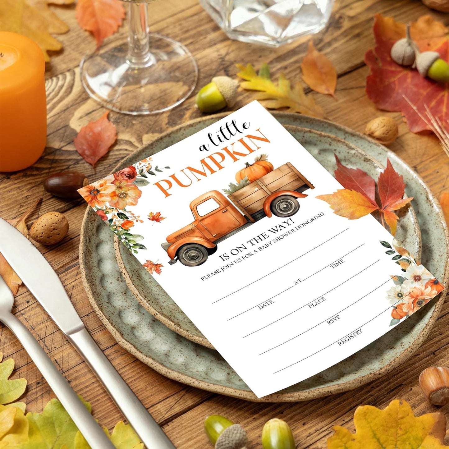 Vintage Truck & Pumpkin Baby Shower Invitations - “A Little Pumpkin Is On The Way” Design with Envelopes And RSVP Cards - 20Pcs Fill In Baby Shower Party Cards(4 x 6 Inch) (046)