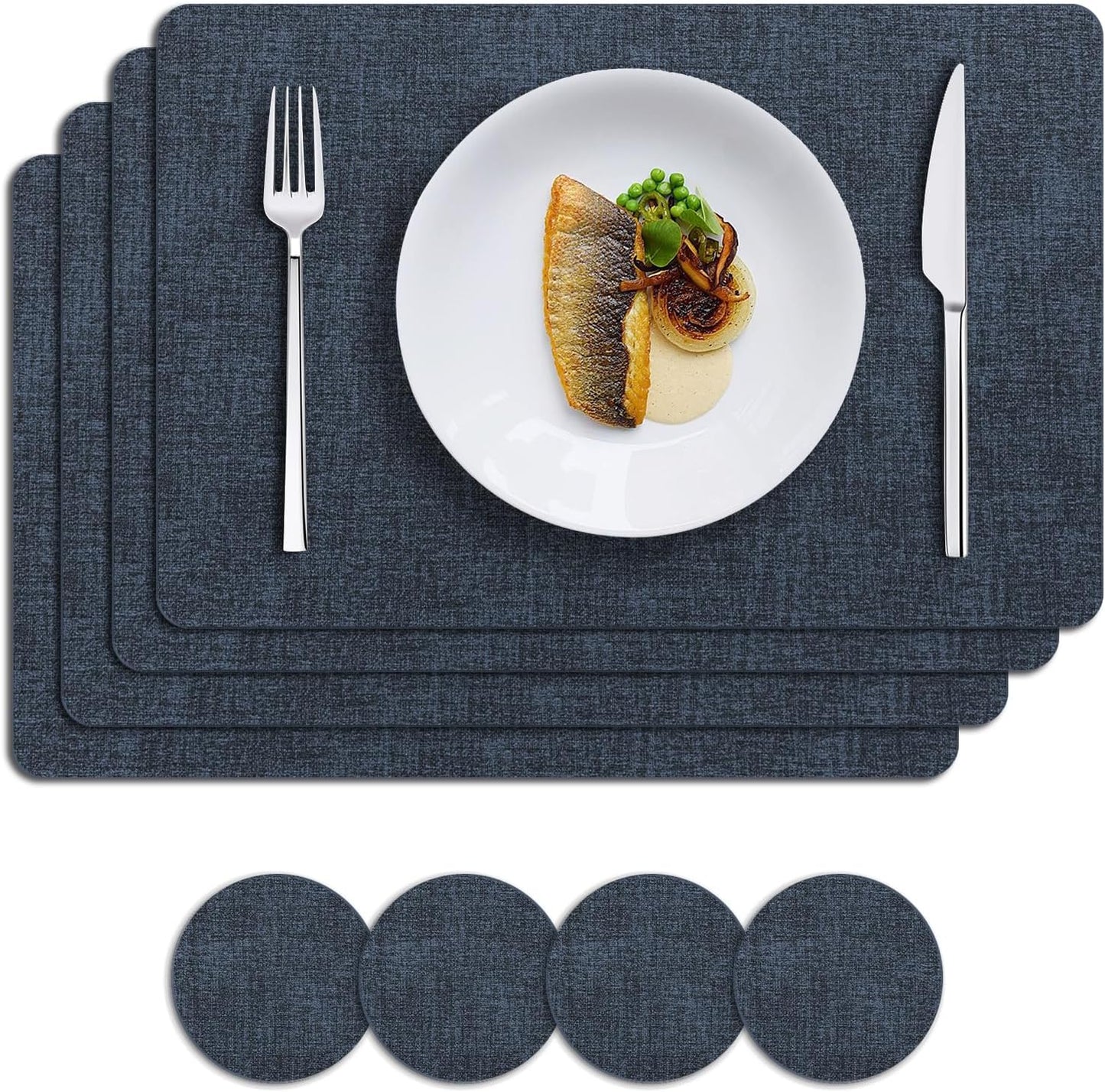 MOSAYT Placemats Set of 4, Heat Resistant Vinyl Place Mats with Coasters, 100% Waterproof Wipeable Washable Faux Leather Table Mats for Kitchen Dining Party Outdoor, 12" x 18", Navy Blue