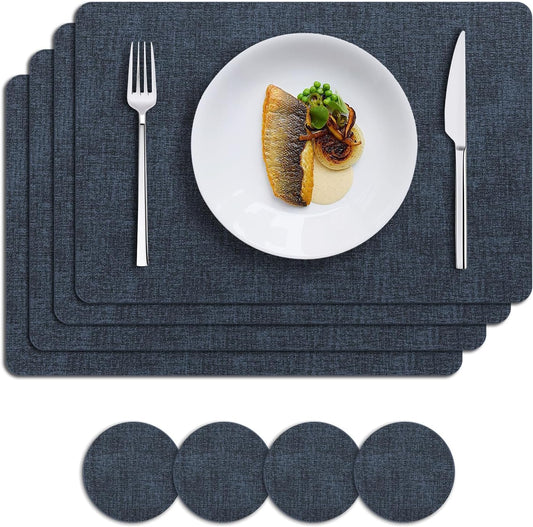 MOSAYT Placemats Set of 4, Heat Resistant Vinyl Place Mats with Coasters, 100% Waterproof Wipeable Washable Faux Leather Table Mats for Kitchen Dining Party Outdoor, 12" x 18", Navy Blue