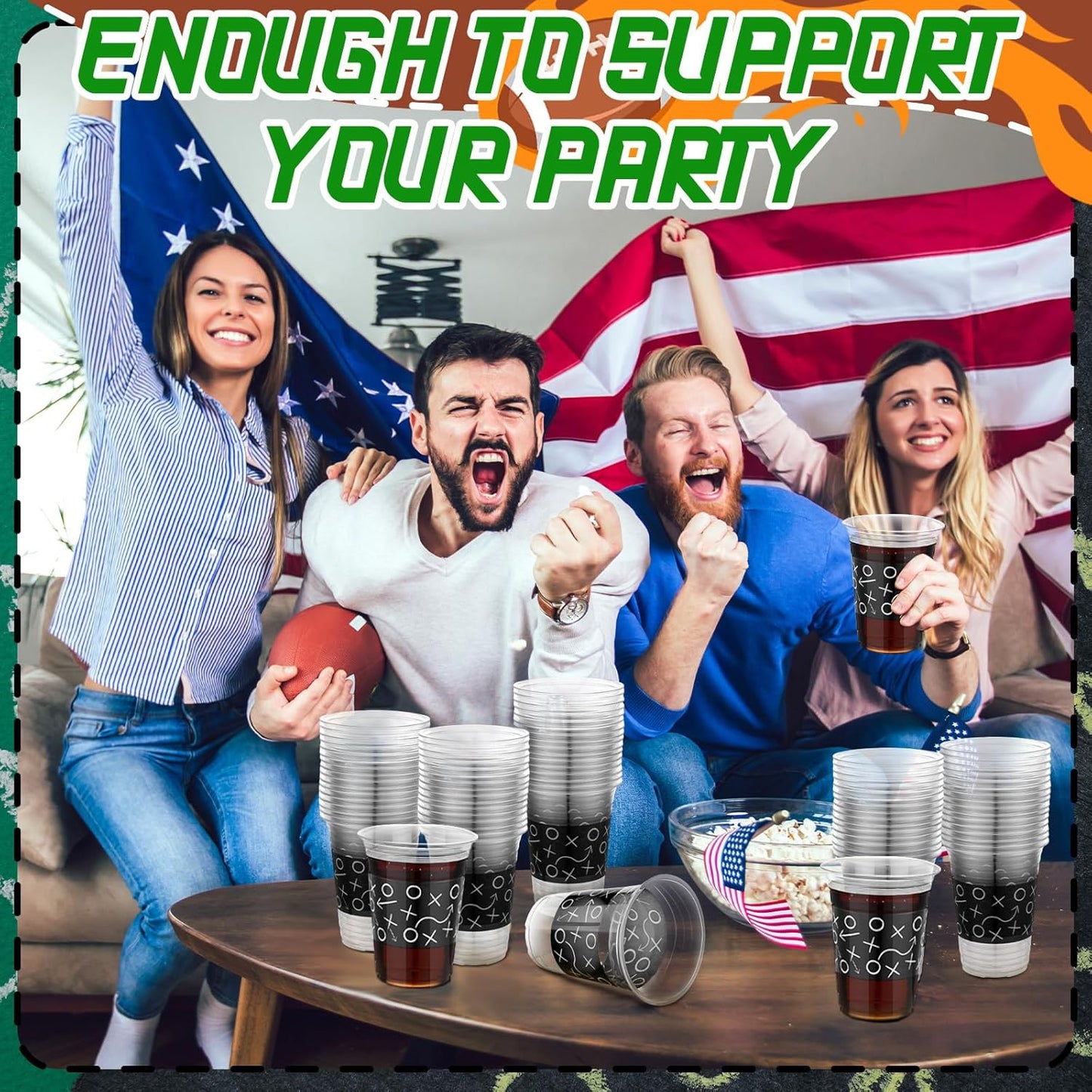100 Pcs 16 oz Football Plastic Cups, Football Themed Party Supplies, Disposable Clear Football Party Beverage Ice Cream Coffee Cups for Football Sport Theme Birthday Party Favors Toy