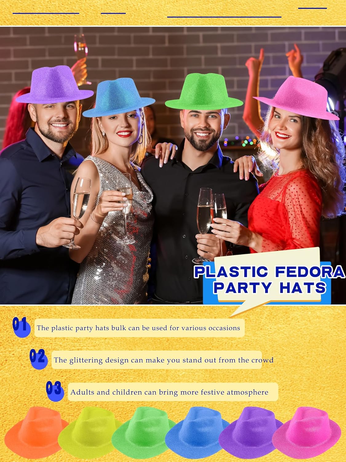 24 Pcs Neon Party Hats Bulk Plastic Fedora Party Hats Glitter Party Gangster Hats for Adult Kids Party Supplies