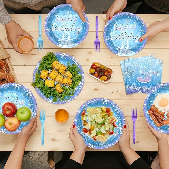 Snowflake Winter Wonderland 3rd Birthday Paper Plates Napkins Forks Disposable Dinnerware Happy 3rd Birthday Blue and Purple Winter Snowflake Tableware for Kids Christmas onderland Party Decorations