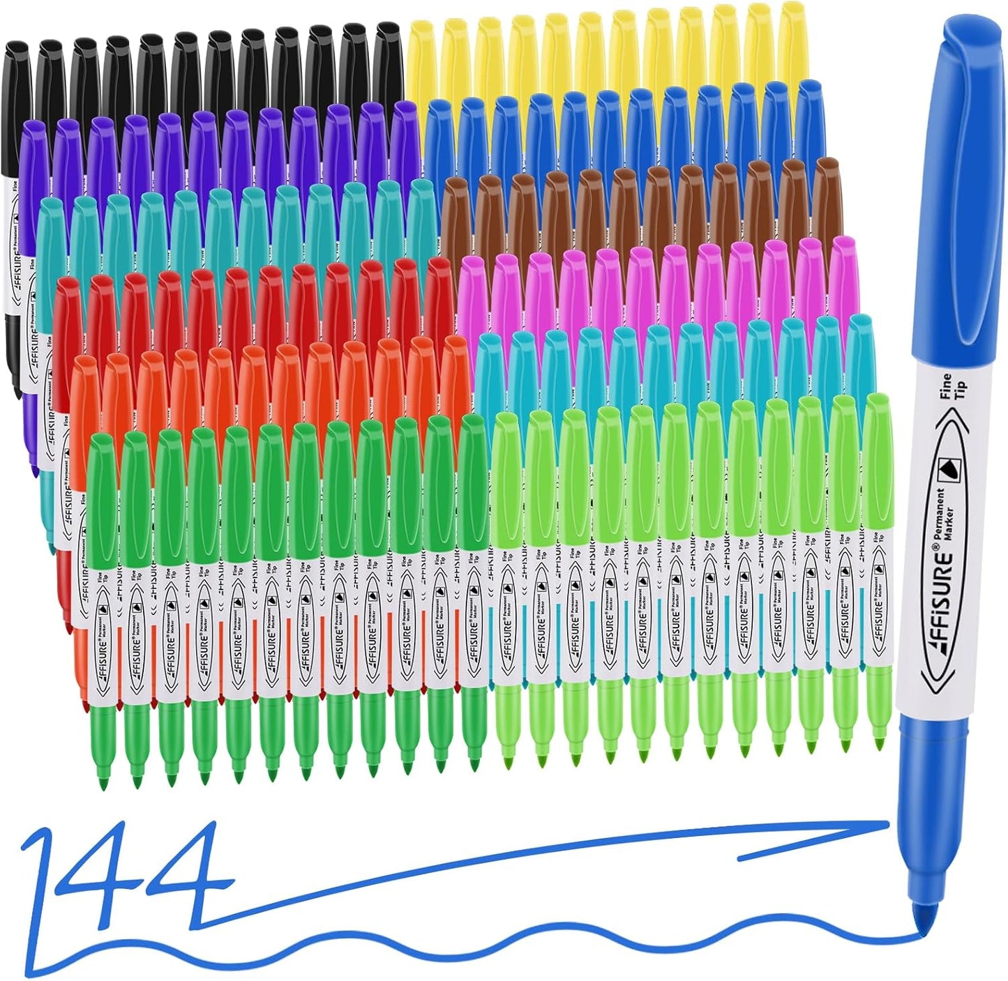 12 Colors Permanent Markers， 144 Pack colored marker sets, Assorted Colors Marker，Fine Point， Permanent Markers Bulk, Fast Dry, Waterproof, work on Plastic, Glass, Metal, Wood and Stone