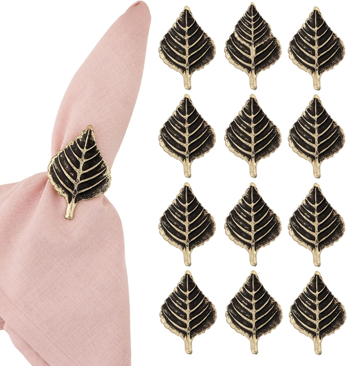 Set of 12 Napkin Rings for Farmhouse Decor Premium Metal Leaf Dinnerware Napkin Holders Thanksgiving, Christmas, and Easter Table Setting (Antique Gold) - ALPHA Living HOME