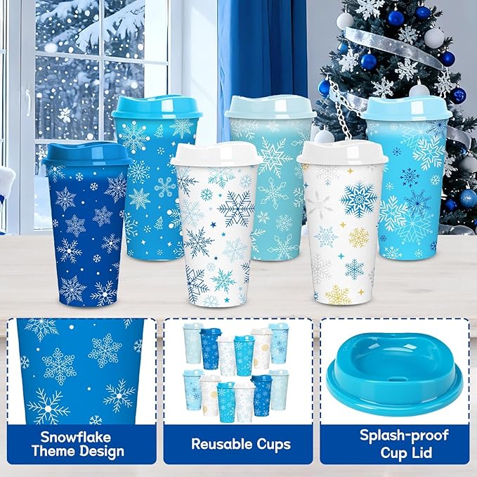 Jansun 12pcs Christmas Winter Snowflake Color Changing Cups with Lids, 16Oz Reusable Plastic Coffee Cups for Holiday Birthday Party Favors Supplies