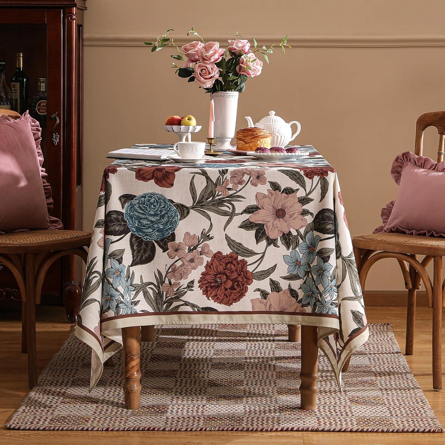 Designer French Linen Tablecloth for Rectangle Table,Red and Blue Floral Durable Long Tablecloths,Decor Table Cover for Kitchen,Dining,Thanksgiving,Christmas,63"*102"-Burgundyred