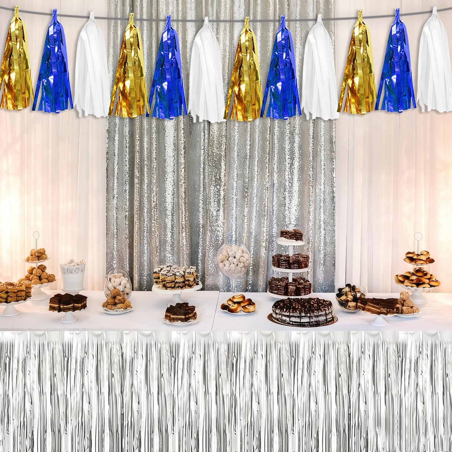 3 Pack Navy-Blue White and Gold Tassel Banner Garland Metallic Foil Fringe Banner Tinsel Tassels Streamer Banner Backdrop for Parade Floats, 2025 Graduation, Retirement Party Decoratio