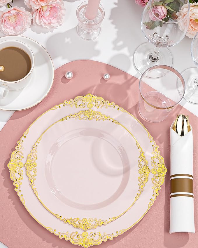 Nervure 100PCS Pink and Gold Plastic Plates - 7.5 inch Pink Plastic Plates with Gold Rim - Disposable Dessert Plate for Wedding & Party & Easter