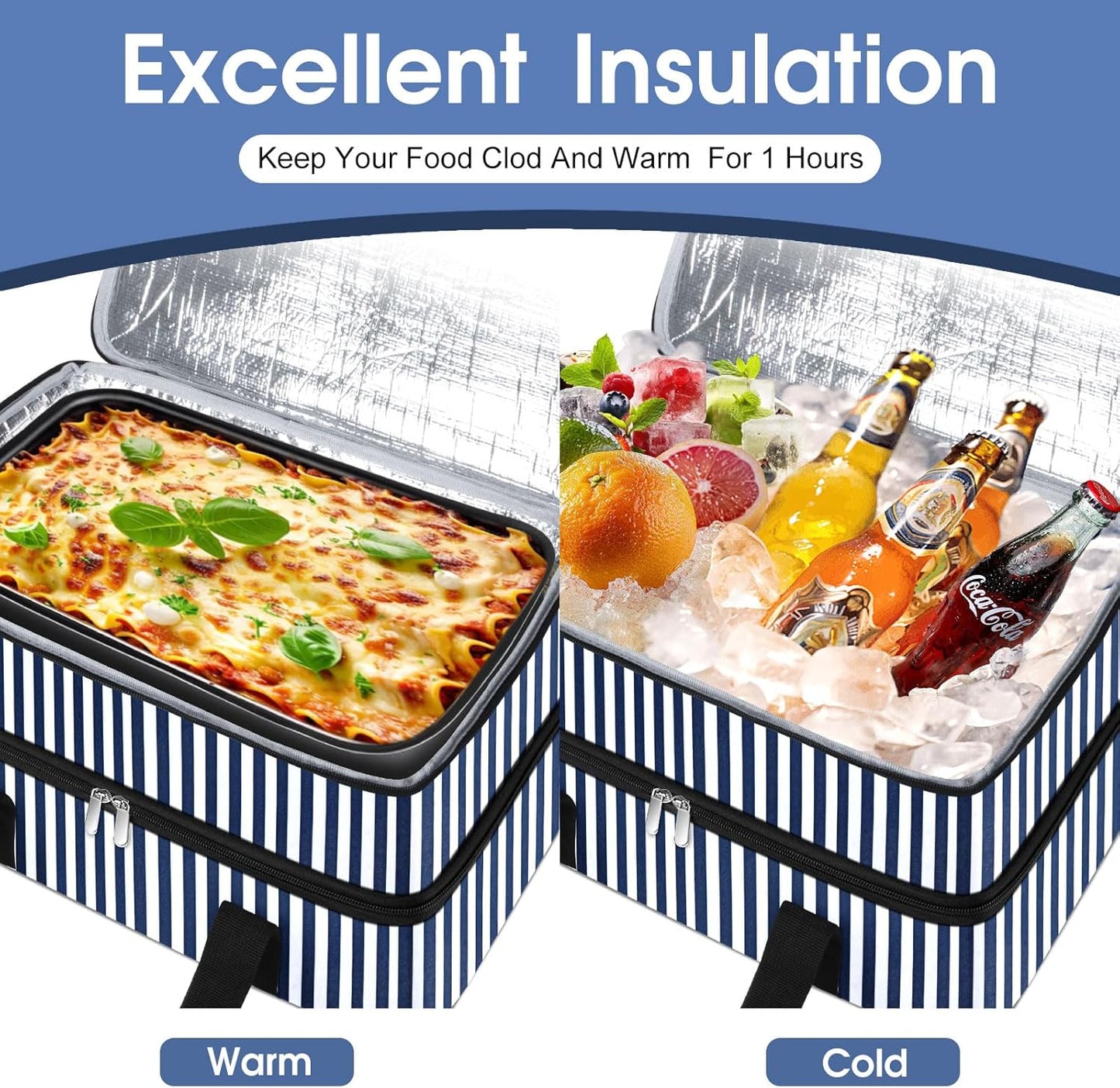 Double Insulated Casserole Carrier, Portable Casserole Carrier for Hot or Cold Food Lunch Tote Warmer or Cooler Bag, Lasagna Lunch Bag for Potluck Parties- Fits 9" x 13" Baking Dish-Blue Stripes