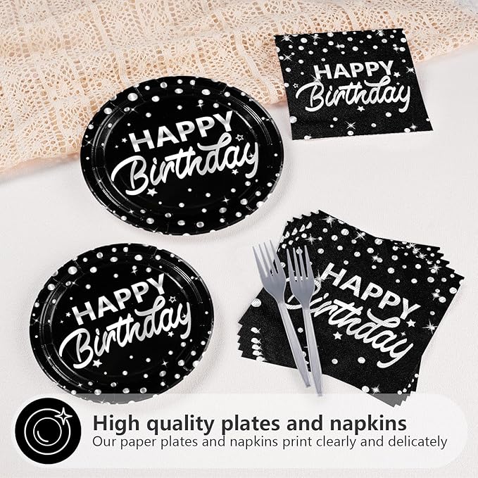 Grencian 96Pcs Black and Silver Happy Birthday Party Supplies Decorations Silver Star Polka Dots on Black Paper Plates and Napkins Disposable Dessert Tableware Set for Women Men Adult Party Serves 24
