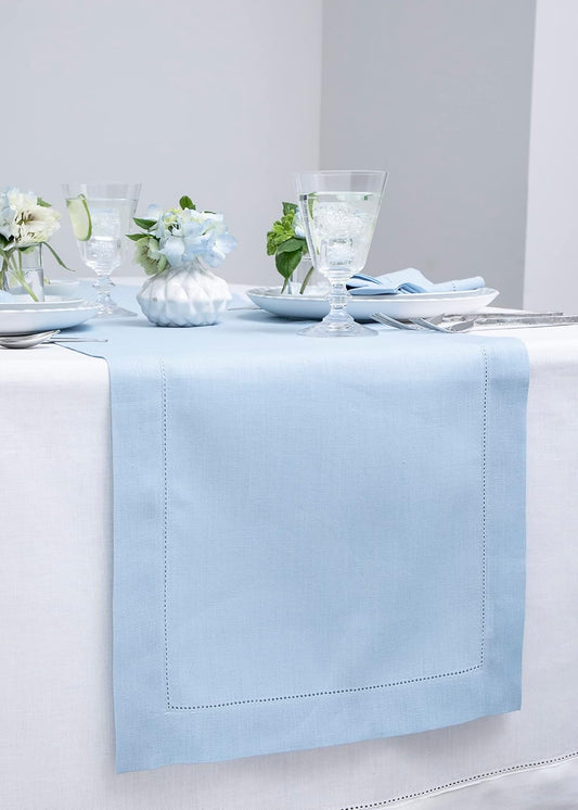 Solino Home Linen Sky Blue Table Runner 132 Inches Long - 100% Pure Linen Extra Long Table Runner 14 x 132 Inch for Christmas - Classic Hemstitch