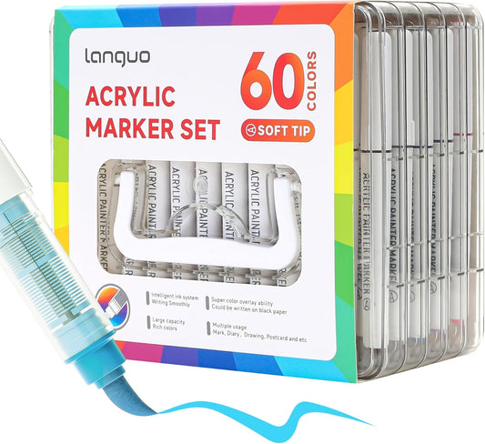 60 Colors Acrylic Paint Markers Pens Set, Soft Brush Tip Markers with Fast Drying & No-Bleed Ink, Acrylic Paint Pens for Rock, Wood, Egg, Ceramic, Fabric Painting, Art Supplies and DIY Crafts