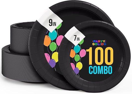 Exquisite Black Paper Plates Disposable Heavy Duty 100 Pcs - 50-7" & 50-9" Black Disposable Plates For Party Heavy Duty Paper Plate 350 GSM Birthday Party Supplies Plate Set