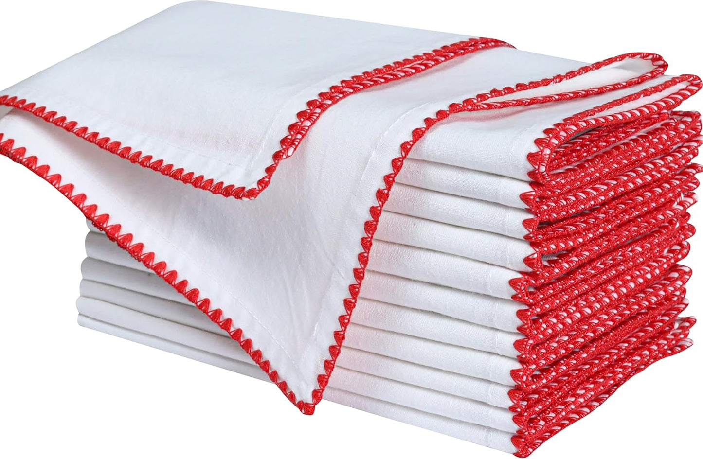 Bedding Craft Cotton Cloth Dinner Napkins Set of 12 –18x18 Poppy Red Cloth Napkins with Colored Edge Embroidery – Elegant Washable Fabric Napkins for Wedding Reception, Dining Tables & Party Settings