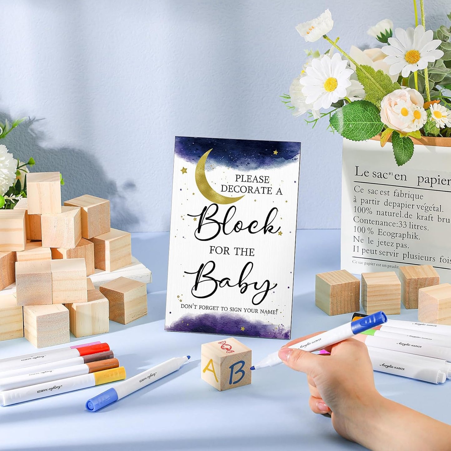 Tatuo 75 Pcs Baby Shower Games Sign Kit Including Decorate a Block Game Sign 50 DIY Wooden Block 24 Acrylic Paint Marker Baby Shower Prize for Gender Reveal Party(Sky)