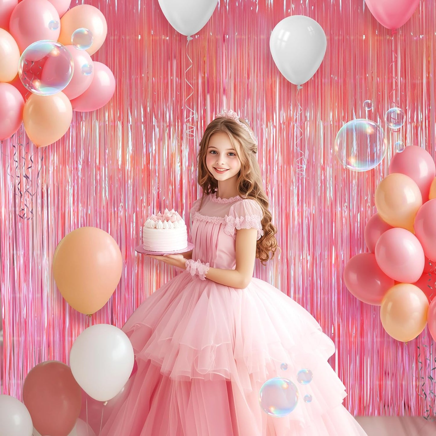 2 Pack Pink Iridescent Streamers Backdrop, 3.3x6.6ft Foil Fringe Curtains Holographic Door Tinsel Streamers for Birthday, Wedding, Holiday, Bachelorette, Baby Shower Theme Party Decorations