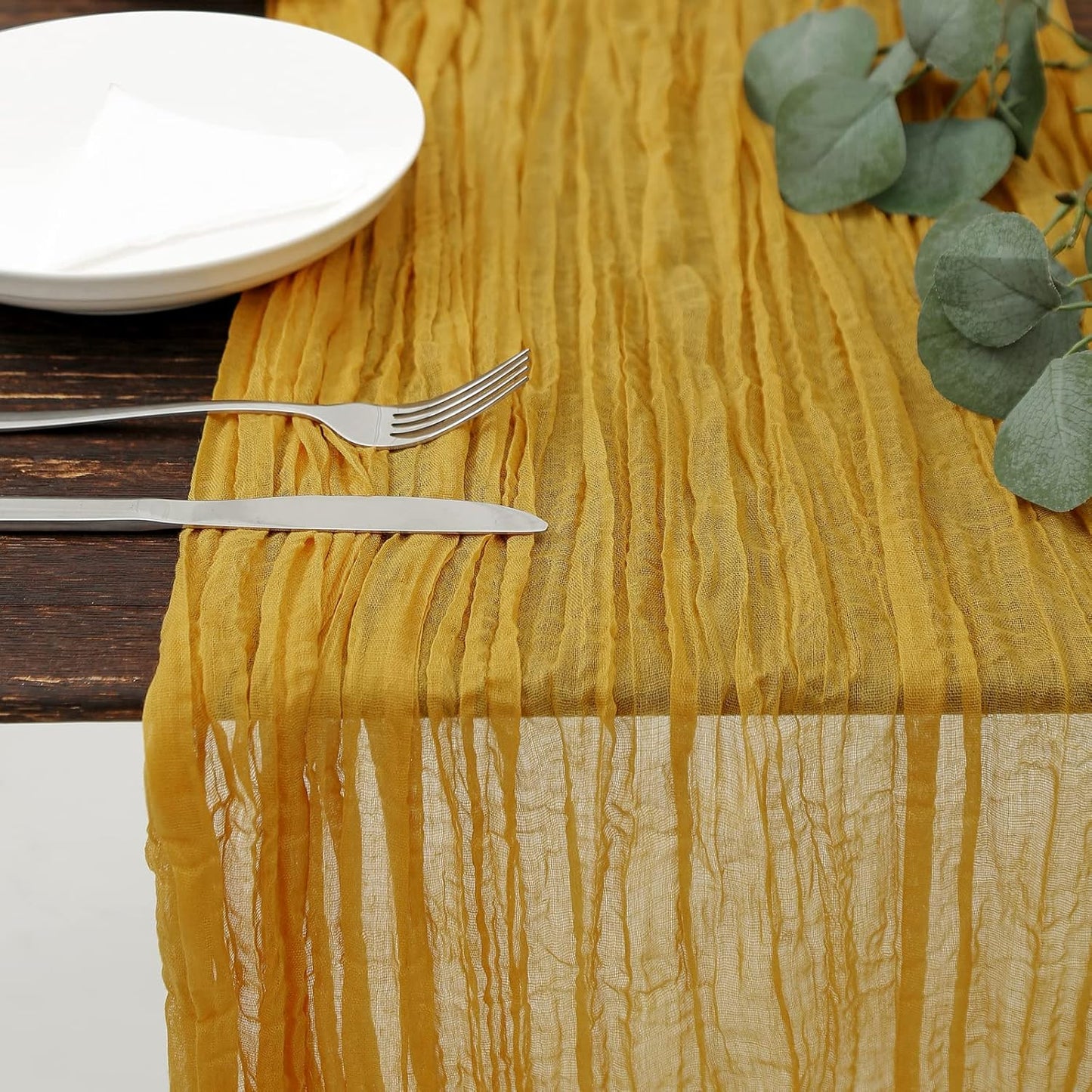 DOLOPL Mustard Yellow Cheesecloth Table Runner 13.3ft Boho Gauze Cheese Cloth Table Runner Rustic Sheer Runner 160inch Long for Wedding Bridal Baby Shower Birthday Party Cake Table Decorations