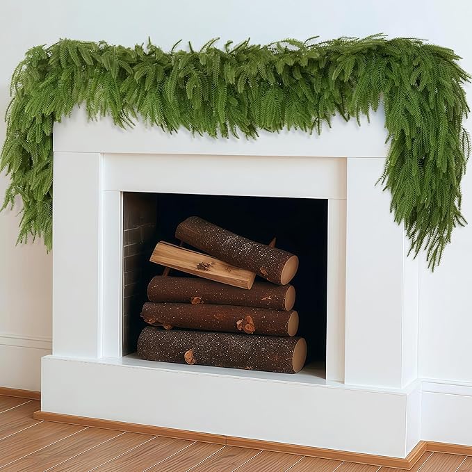 4 Pcs 9FT Christmas Garland, Christmas Decorations, Artificial Norfolk Pine Garland, Faux Greenery Garland for Mantle Fireplace Table Door Wall Upstairs Indoor Outdoor Holiday Xmas Decor