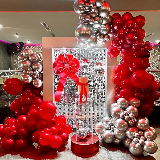 Valentines Day Balloon Arch Kit, Red and Silver Balloon Garland with Large Bear/I YOU/Heart Foil Balloons for Galentines Mothers Day Wedding Engagement Anniversary Valentines Party Decorations