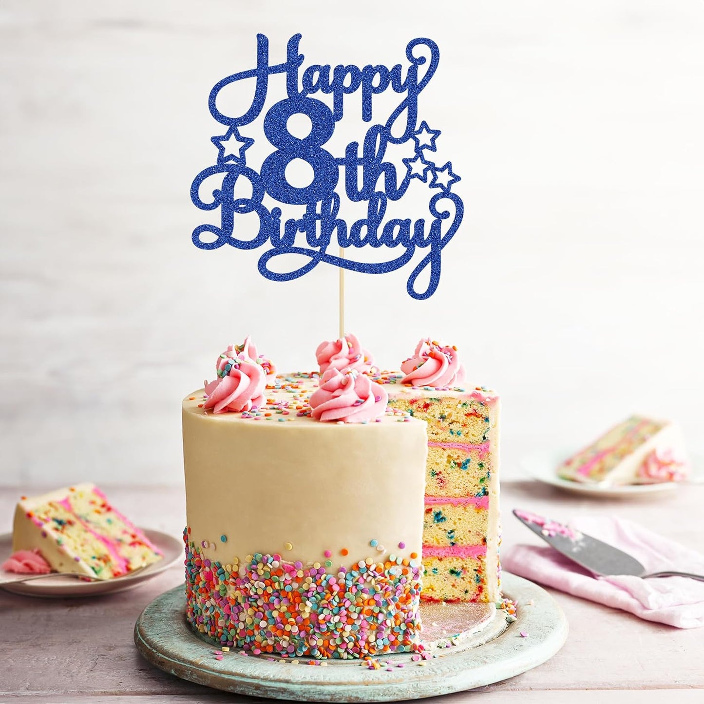 Happy 8th Birthday Cake Topper - Blue Glitter Cheers to 8 Years Old Cake Pick for Celebrating Anniversary Party Cake Decorations Supplies (1 Pack)