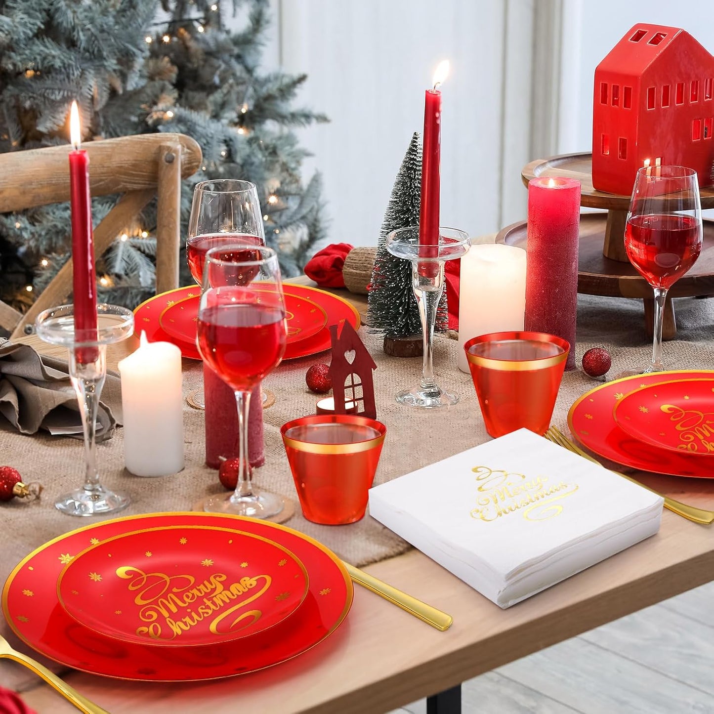 Sliner 350 Pcs Christmas Plastic Tableware Bulk, Red and Gold Tableware Set, Disposable Xmas Dinnerware with Dinner Plates, Dessert Plates, Forks, Knives, Spoons, Cups, Napkins for Holiday Party
