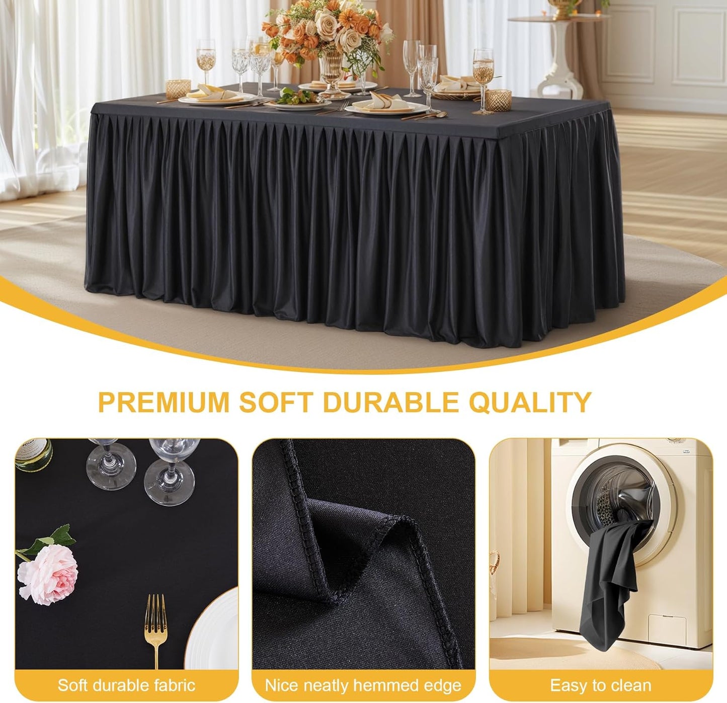 Black Polyester Table Clothes for 8 Foot Rectangle Tables, Wrinkle Free Fitted Table Cover 8ft Stretch Tablecloths with Skirt for Parties Weddings Birthday Banquet Baby Shower