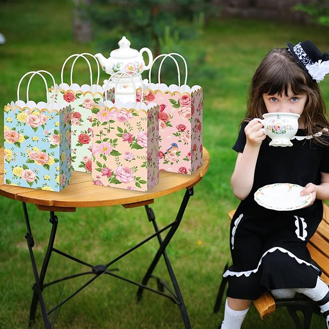 Vintage Floral Gift Bags Bulk Tea Party Favors Flower Tea Party Goodie Bags Treat Candy Bag Spring Wildflower Birthday Favors Decoration for Princess Birthday Wedding Garden Bridal Shower 12Pcs