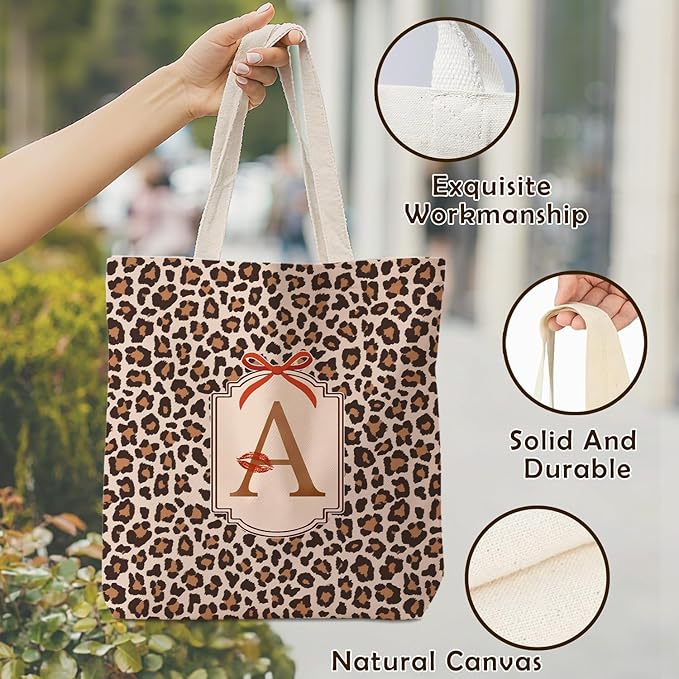 Coquette Leopard Print Letter A Tote Bag for Women,Trendy Cheetah Print Canvas Tote Bag for Girls,Red Bow Letter A Leopard Aesthetic Reusable Shopping Grocery Bags Party Favors