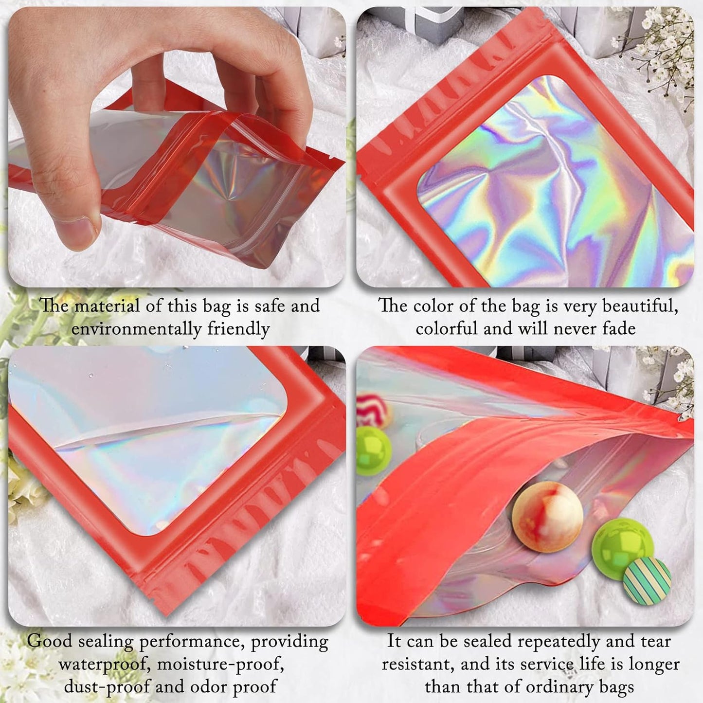100 Pieces Smell Proof Mylar Resealable Bags, Holographic Packaging Bags, Resealable Odor Foil Pouch Zip Bags with Clear Window for Food Storage and Lipgloss, Jewelry Lash (Red, 6.3 x 9.4 Inch)