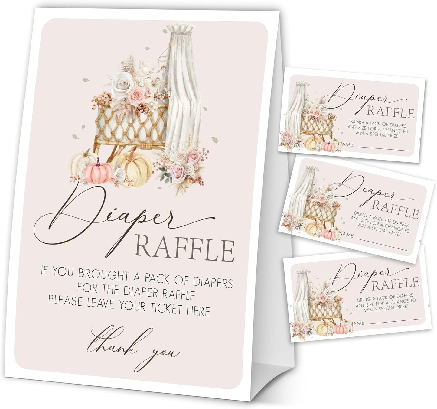 Diaper Raffle Tickets Baby Shower Games, Fall Bohemia Baby Shower Decorations, Fall Pumpkin Party Supplies for Guests-1 Sign &50 Cards - 04