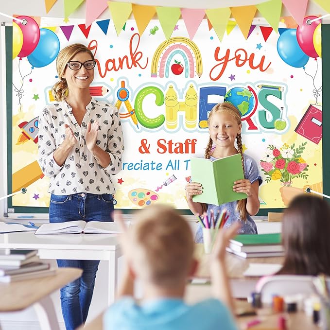 Happy Teacher Day Banner Teacher Appreciation Week Decorations Flag Outdoor 71x44 Inch School Classroom Backdrop,Thank You Teacher Gifts for Indoor Home Party Supplies,Yard Sign Photography Background