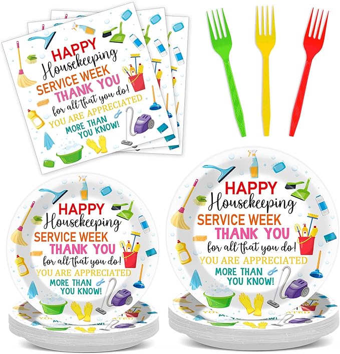 96Pcs Colorful Happy Housekeeping Week Paper Plates and Napkins We Appreciate You Disposable Tableware Thanks for All You Do Party Plate for 24 Guests Housekeepers Appreciation Party Supplies