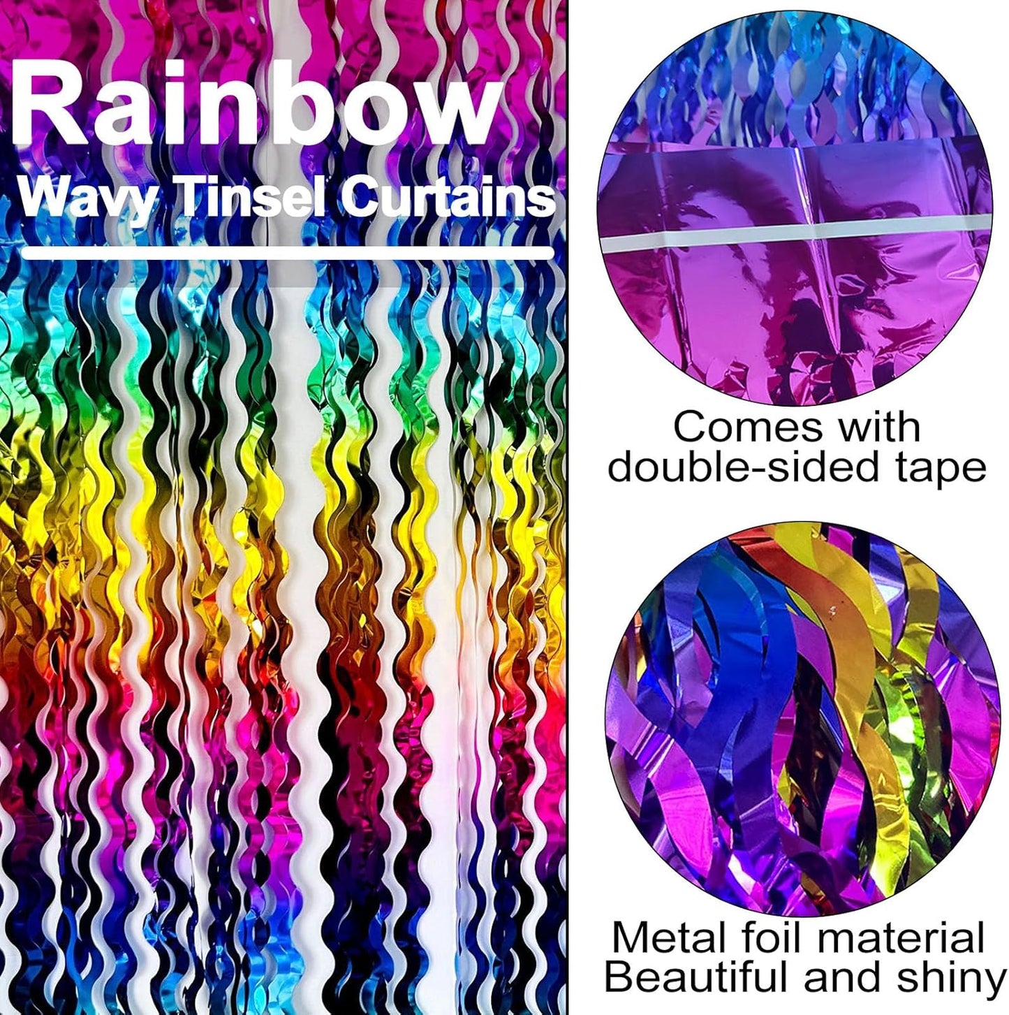 4 Pack Rainbow Fringe Curtain Backdrop 3.2Ft x 8.2Ft Metallic Tinsel Foil Fringe Streamers Background for Photo Booth Mother's Day, Easter, Carnival, Birthday, Wedding Party Decoration