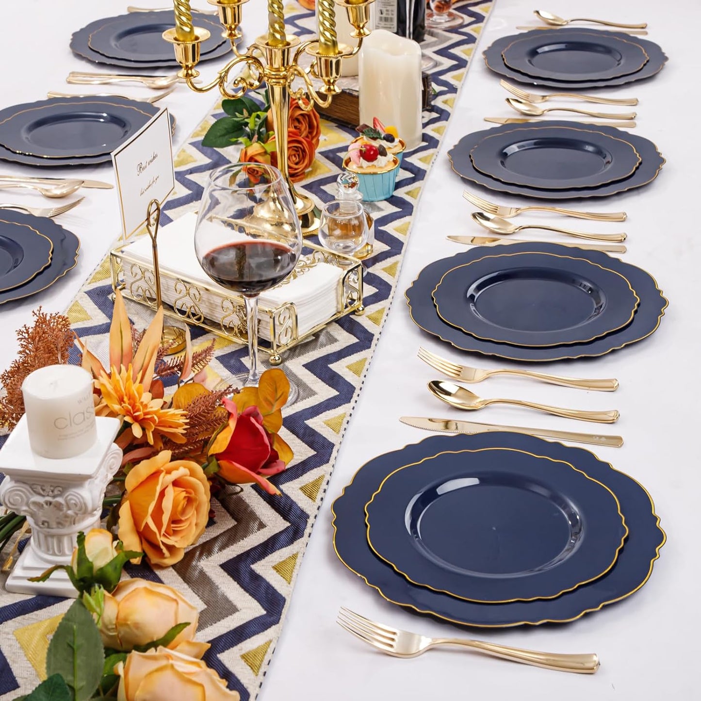 WDF 100pcs Blue Plastic Plates - Baroque Blue&Gold Disposable Plates for Parties/Wedding-50Plastic Dinner Plates 10.25in, 50Salad Plates 7.5in