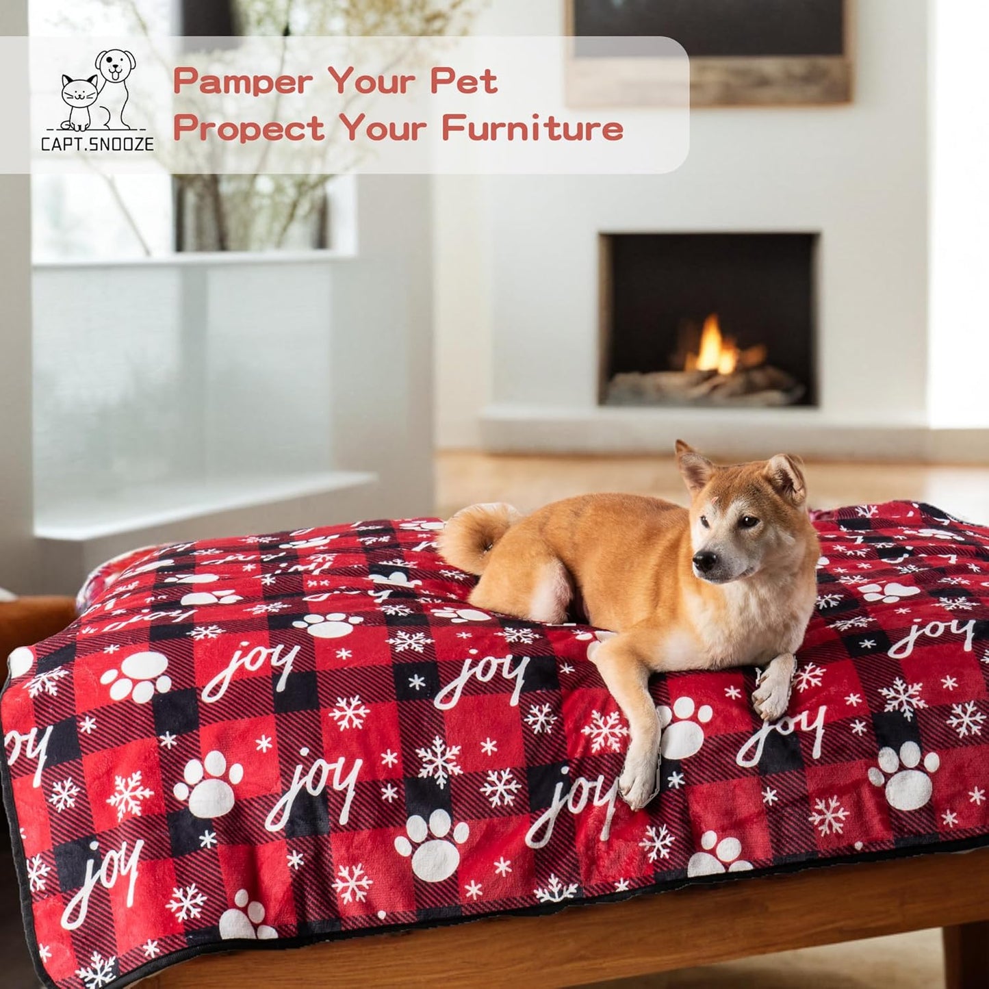 Waterproof Dog Blankets Pet Blanket 50"x60", Soft Fluffy Sofa Car Bed Protector, Reversible Sherpa Fleece Dog Blanket for Large Dogs Christmas Decor(Snow Red)