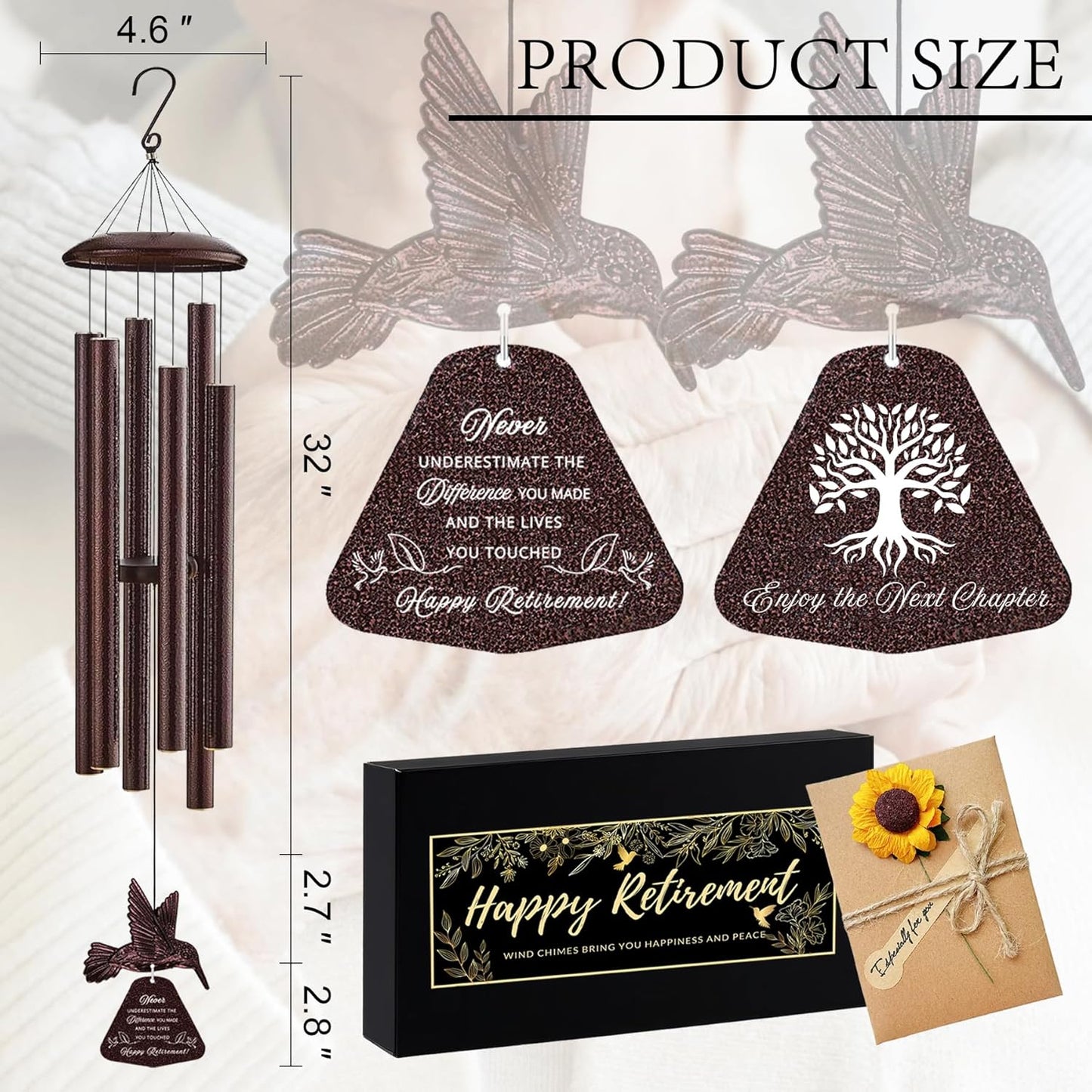 Retirement Gift Wind Chime with Hummingbird, 32" Wind Chimes with Sunflower Greeting Card Happy Retirement Gifts for Women Men Colleague Boss Teachers Friends, Going Away Gifts for Coworker