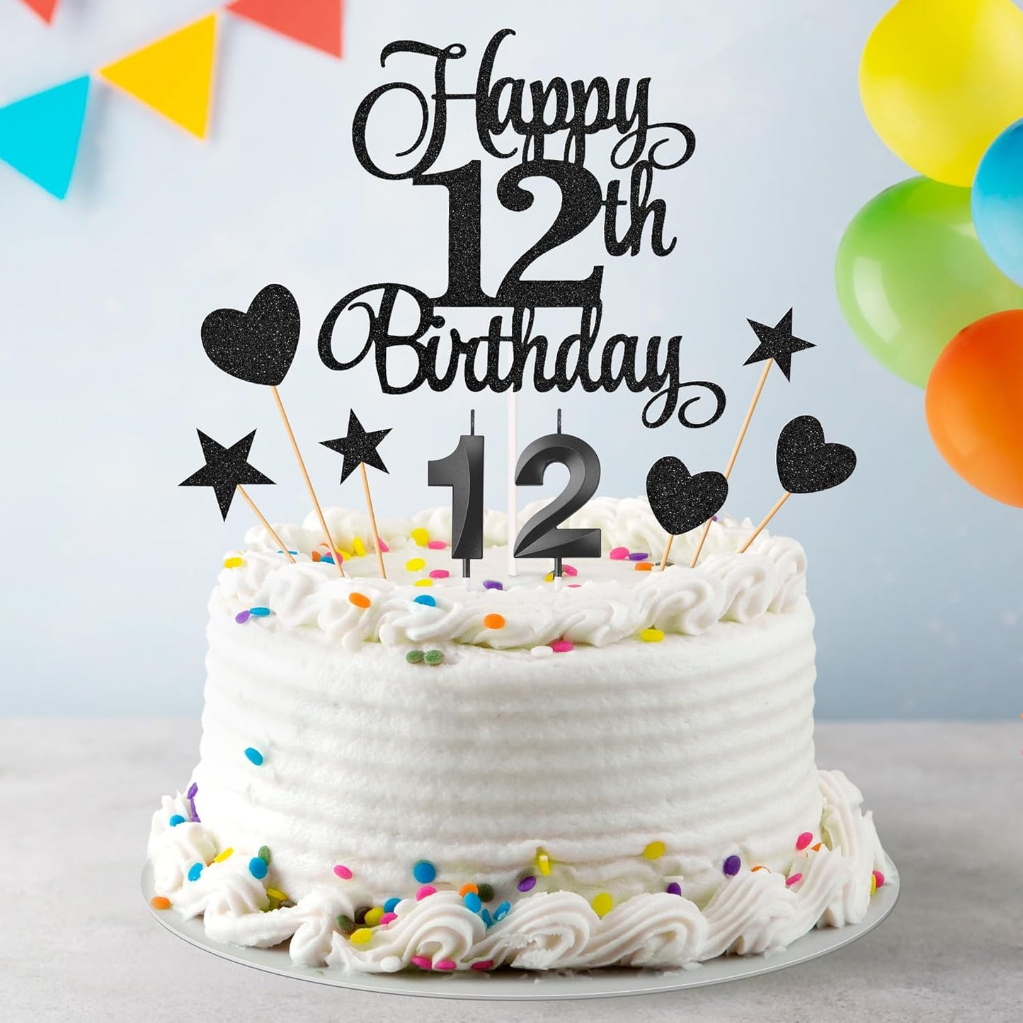 12th Birthday Cake Decorations, 12th Birthday Candles Cake Numeral Candles and Glitter Happy 12th Birthday Cake Toppers Set for Birthday Party Supplies (Black)
