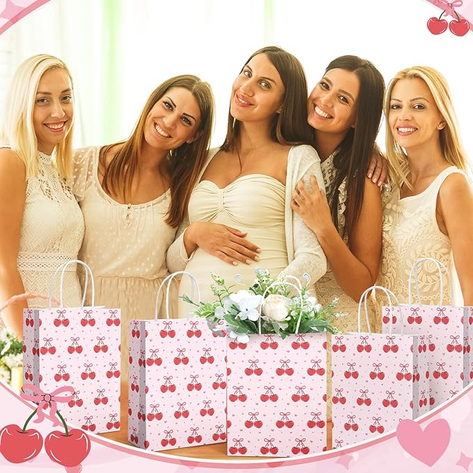 Kolldenn 16 Pcs Coquette Cherry Bow Paper Gift Bags Women Mother's Day Birthday Favor Goodie Candy Bags with Handles for Bridal Engagement Baby Shower Party Supplies