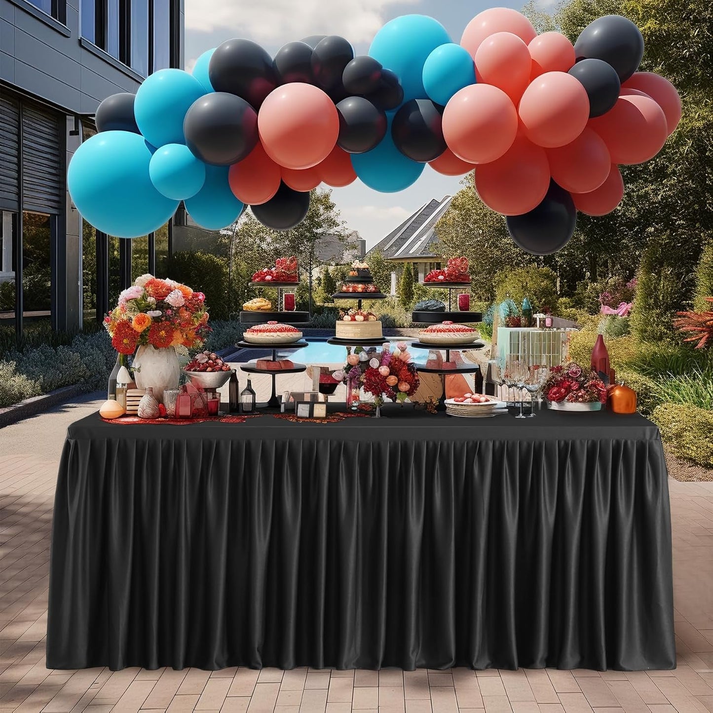 Black Polyester Table Skirt for Rectangle Tables 6ft, Wrinkle Free Pleated Ruffle Fitted Table Cover 6ft Stretch Tablecloths with Skirt for Parties Weddings Birthday Banquet Baby Shower