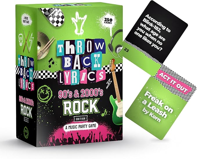 Throwback Lyrics The 90s & 2000s Rock Music Trivia Game with Charades | Finish The Lyrics + Steal Cards | Includes Playlist & Stickers | Adult Party Game Night- 250 Cards