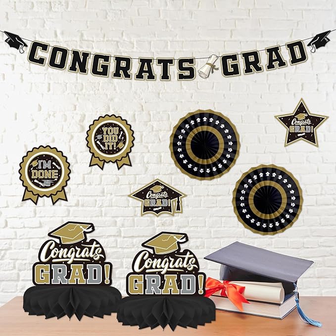 Black and Gold Themed 2026 Graduation Decorations Set - Congrats Grad Banner, Class of 2026 Backdrop, Balloons & Streamers Kit - Graduation Party Supplies for High School & College Celebrations