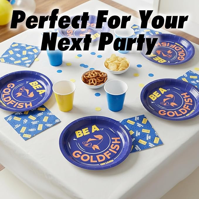 Silver Buffalo Ted Lasso Be a Goldfish Believe 32 Pack Partyware Disposable Paper Plates and Napkins