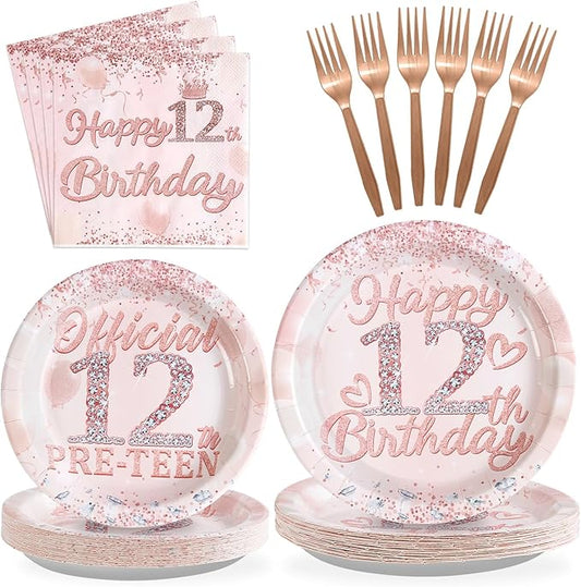 Grencian 12th Birthday Decorations Rose Gold 12th Birthday Plates and Napkins Disposable Rose Gold Official 12 Pre-Teen Paper Tableware Set for Girls 12 Year Old Party Supplies, Serves 24