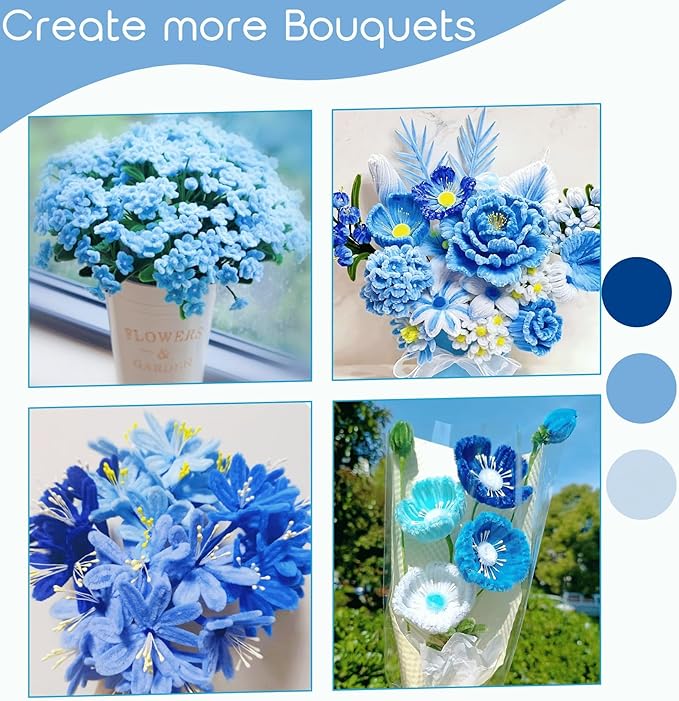 AHAMETON 620 Pcs Blue Pipe Cleaners Bulk,6 Colored Pipe Cleaners Craft,Chenille Stems for DIY Flower Bouquet Kit with Floral Wire,Creative Gift Eternal Flowers Supplies for Party Decorations