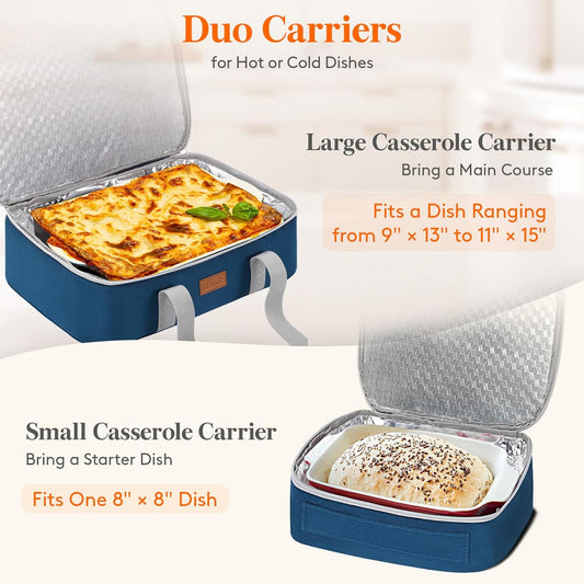 Lifewit Duo Insulated Casserole Carrier for Hot or Cold Food, Lasagna Holder 2 Compartments, Thermal Lunch Tote for Potluck Parties Cookouts, Fits 9"x13" Casserole Dish, Blue