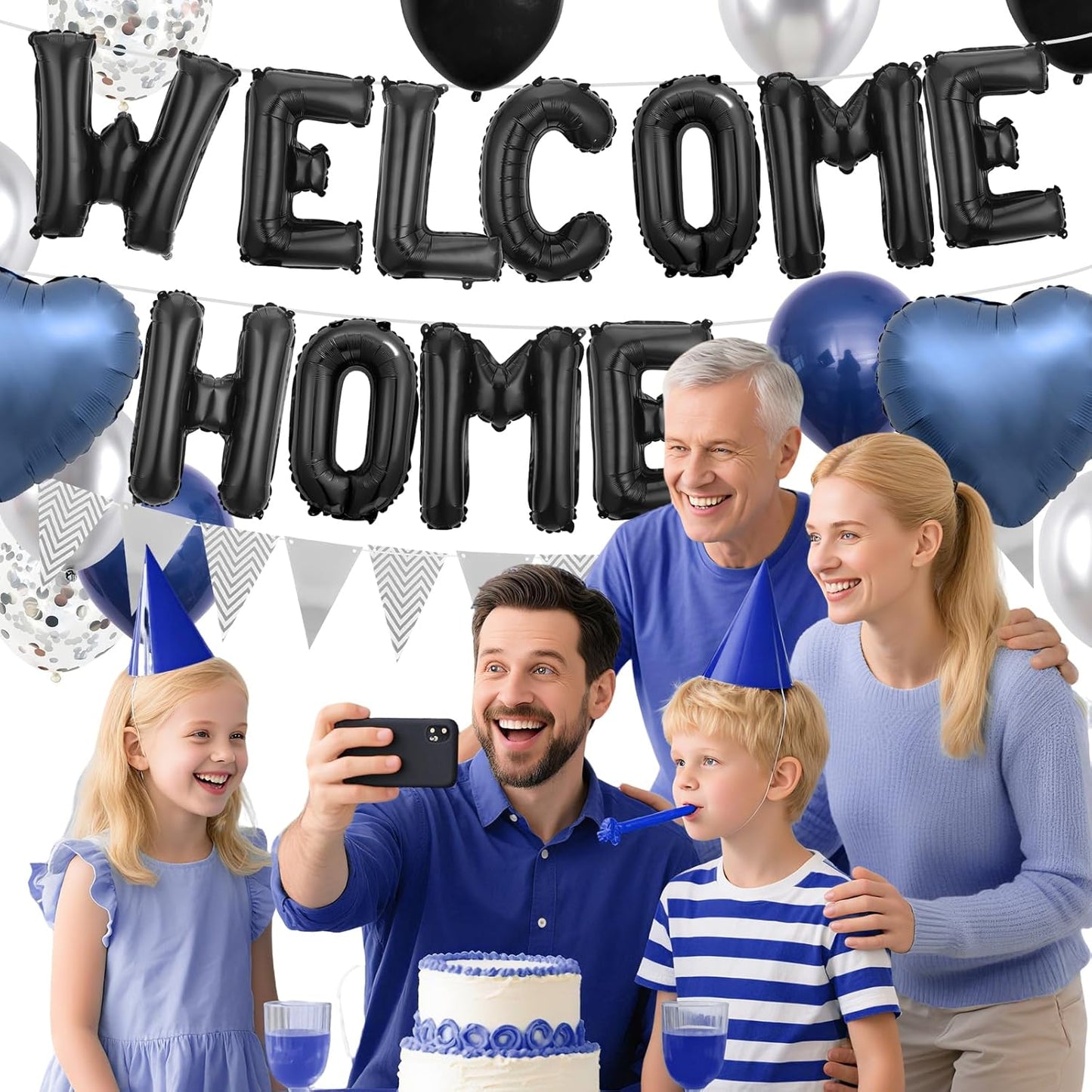 Welcome Home Decorations Black Blue Silver,Black Welcome Home Foil Balloon Banner with Navy Blue Heart Balloons Pennant Flag Bunting for Housewarming Baby Shower Family Party Supplies